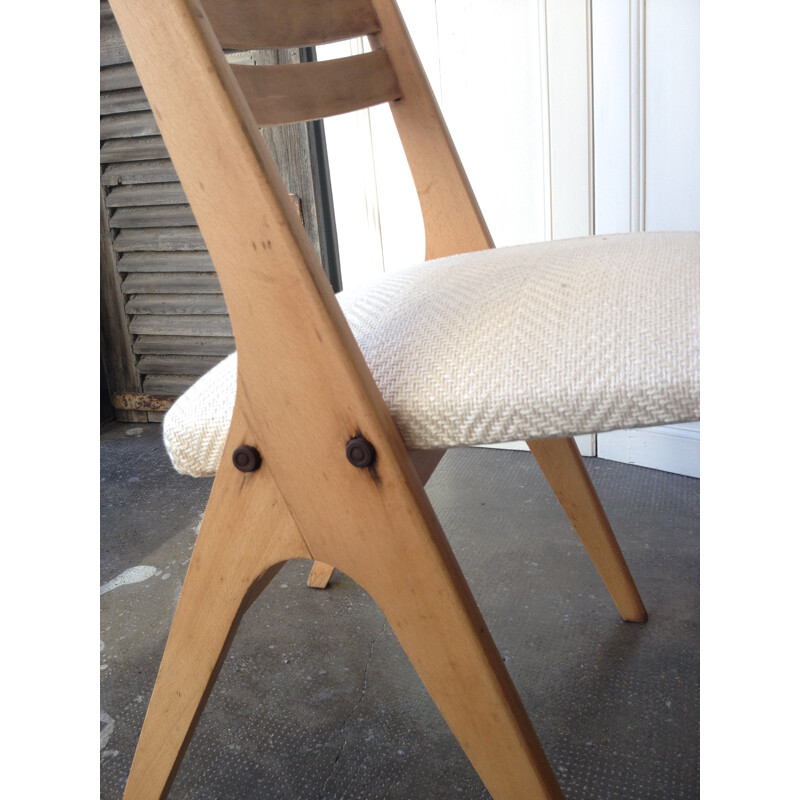 Suite of 4 chairs in beech with compas legs - 1960s