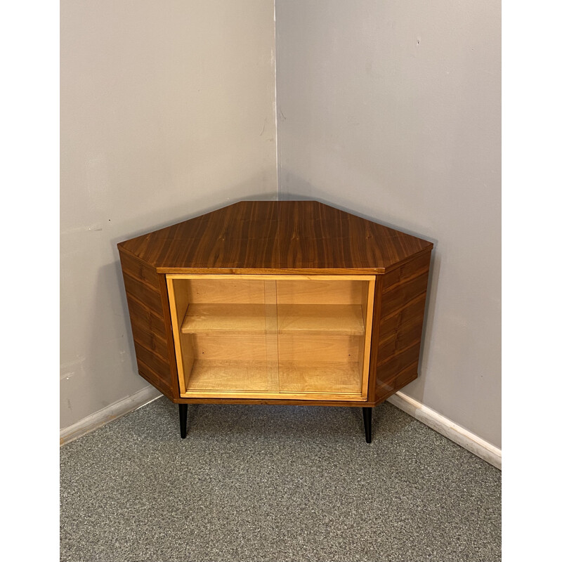 Vintage walnut veneered swivel corner bar, Poland 1960s