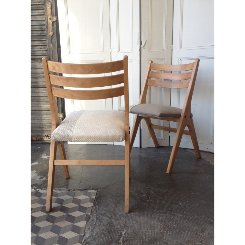 Suite of 4 chairs in beech with compas legs - 1960s