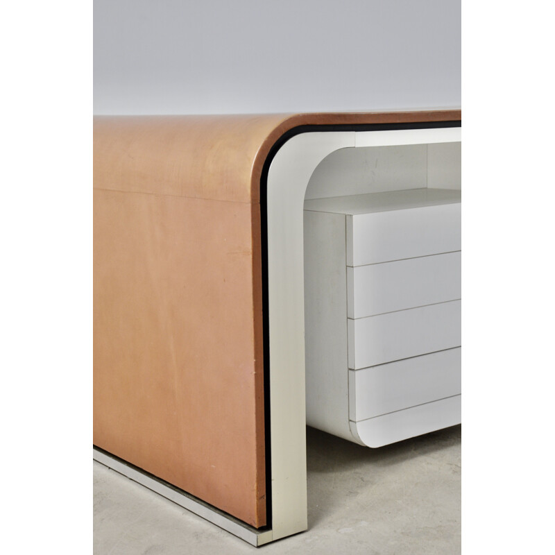 Vintage desk in leather, aluminium and bakelite by Michel Boyer, 1970s