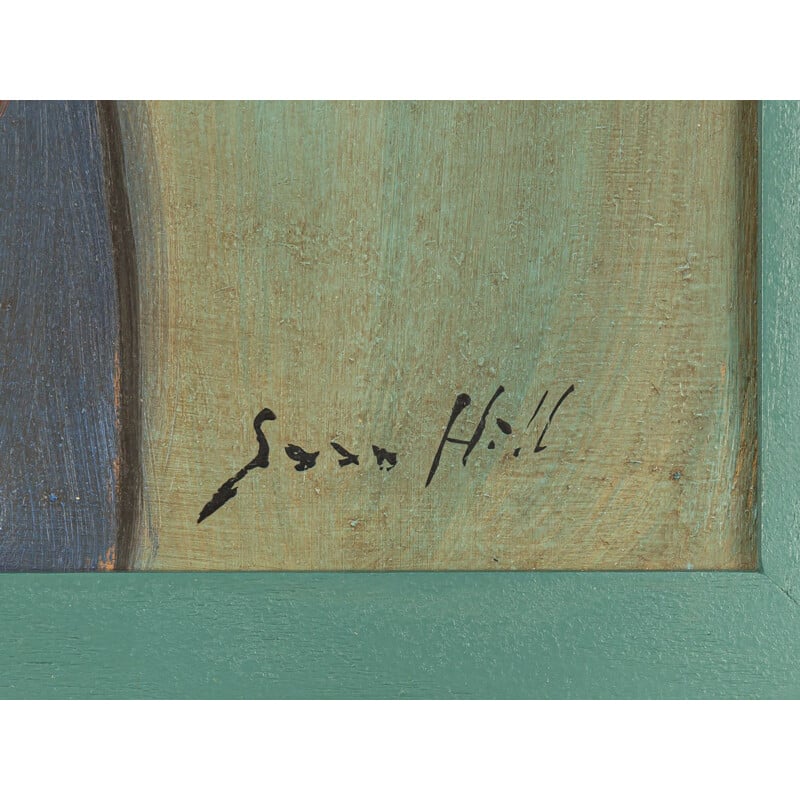 Cuadro expresionista vintage en madera de fresno de Sara Hill, 1960