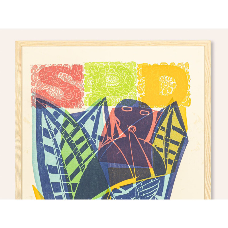 Vintage woodcut "SPD-Pan" in ash wood by HAP Grieshaben, Germany 1972