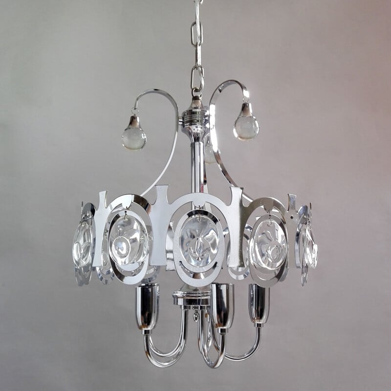 Lustre vintage en chrome et cristal de Gaetano Sciolari, Italie 1960