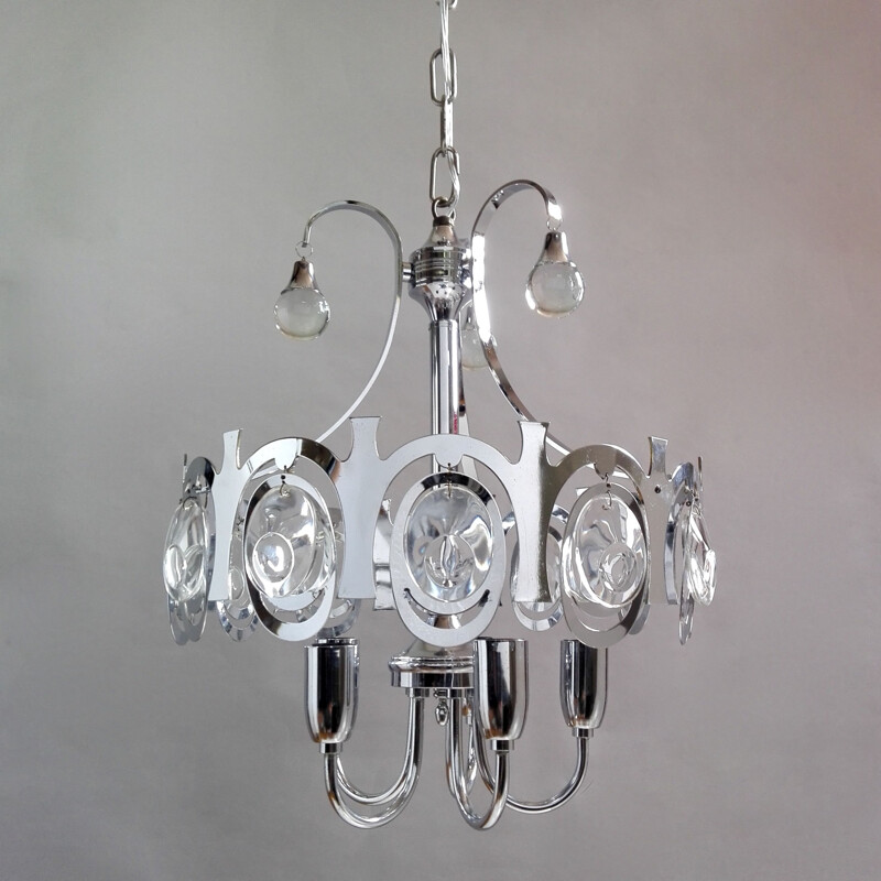 Vintage chrome and crystal chandelier by Gaetano Sciolari, Italy 1960