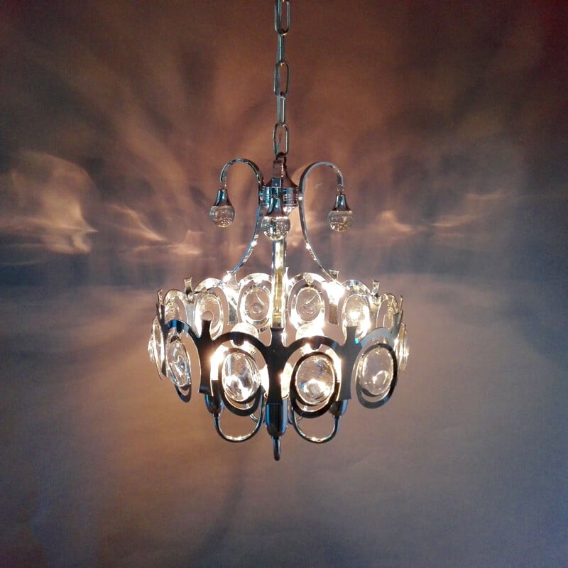 Lustre vintage en chrome et cristal de Gaetano Sciolari, Italie 1960