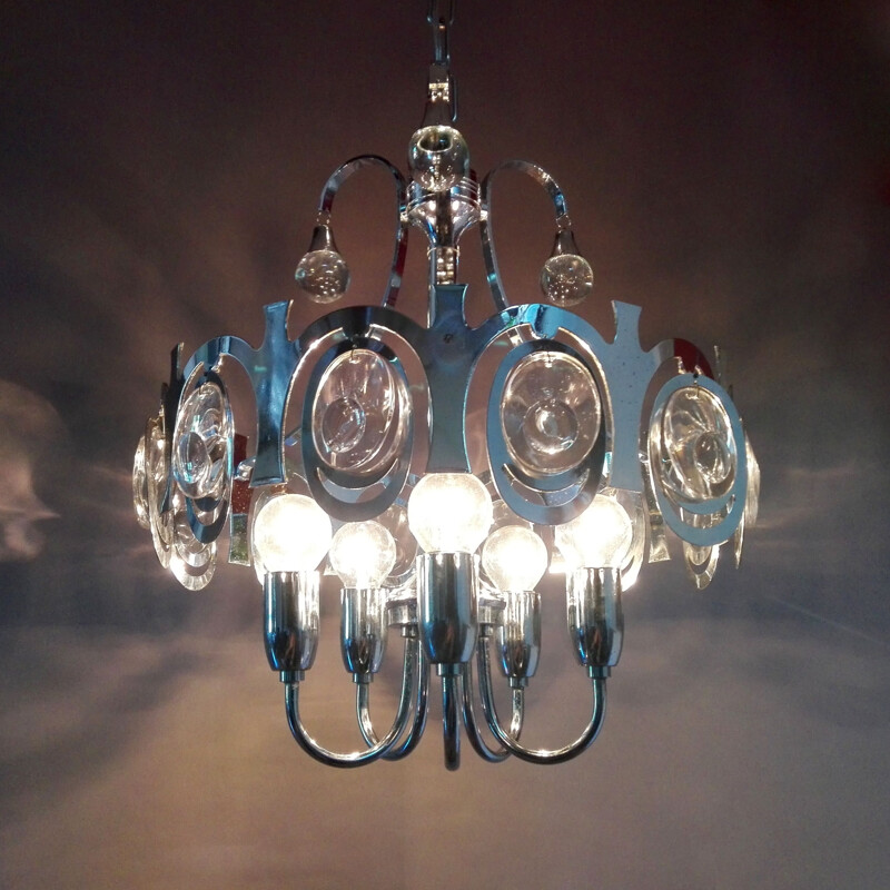 Vintage chrome and crystal chandelier by Gaetano Sciolari, Italy 1960