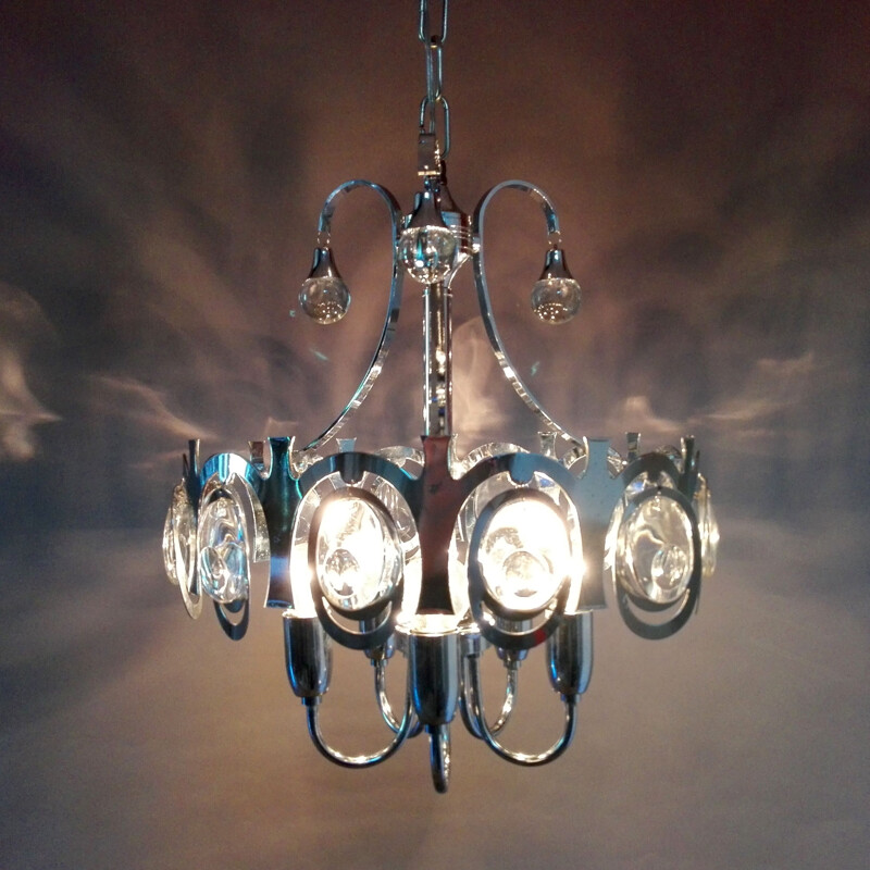 Lustre vintage en chrome et cristal de Gaetano Sciolari, Italie 1960