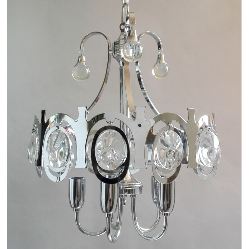 Lustre vintage en chrome et cristal de Gaetano Sciolari, Italie 1960