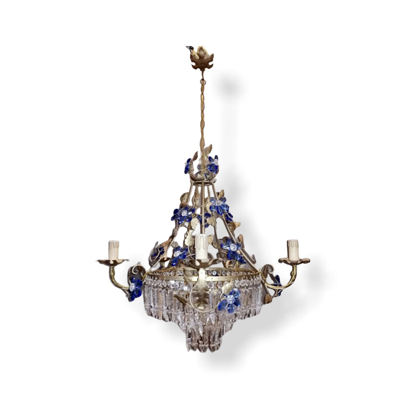 Mid century crystal chandelier with Murano glass flowers, 1950