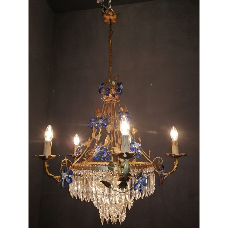 Mid century crystal chandelier with Murano glass flowers, 1950