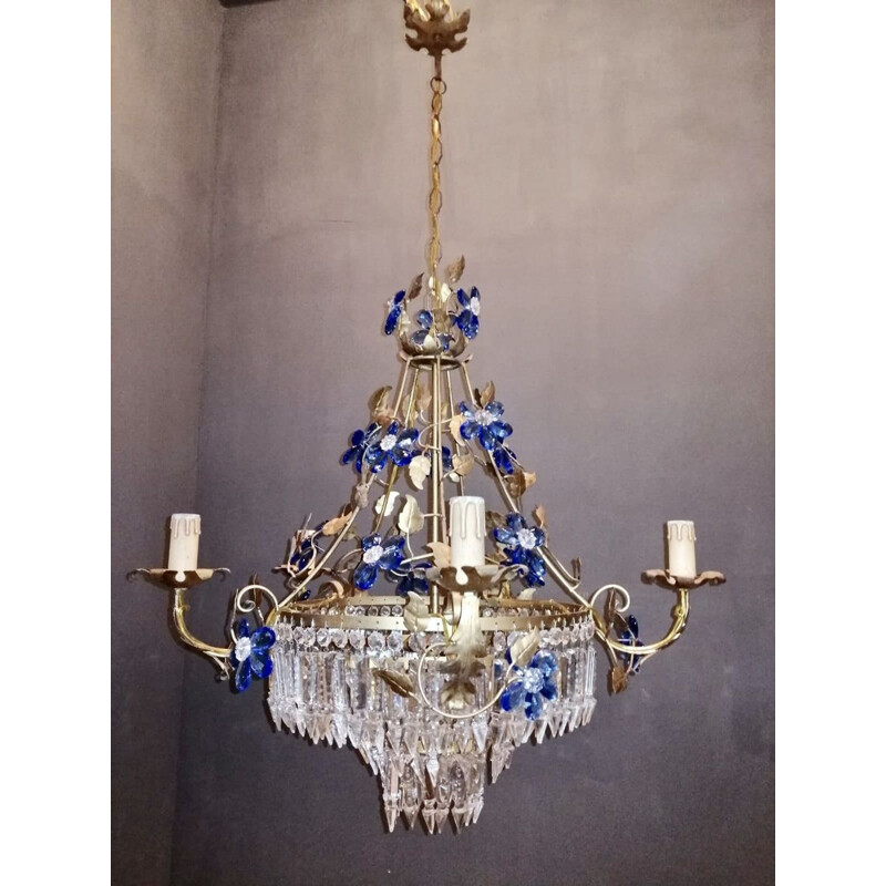 Mid century crystal chandelier with Murano glass flowers, 1950