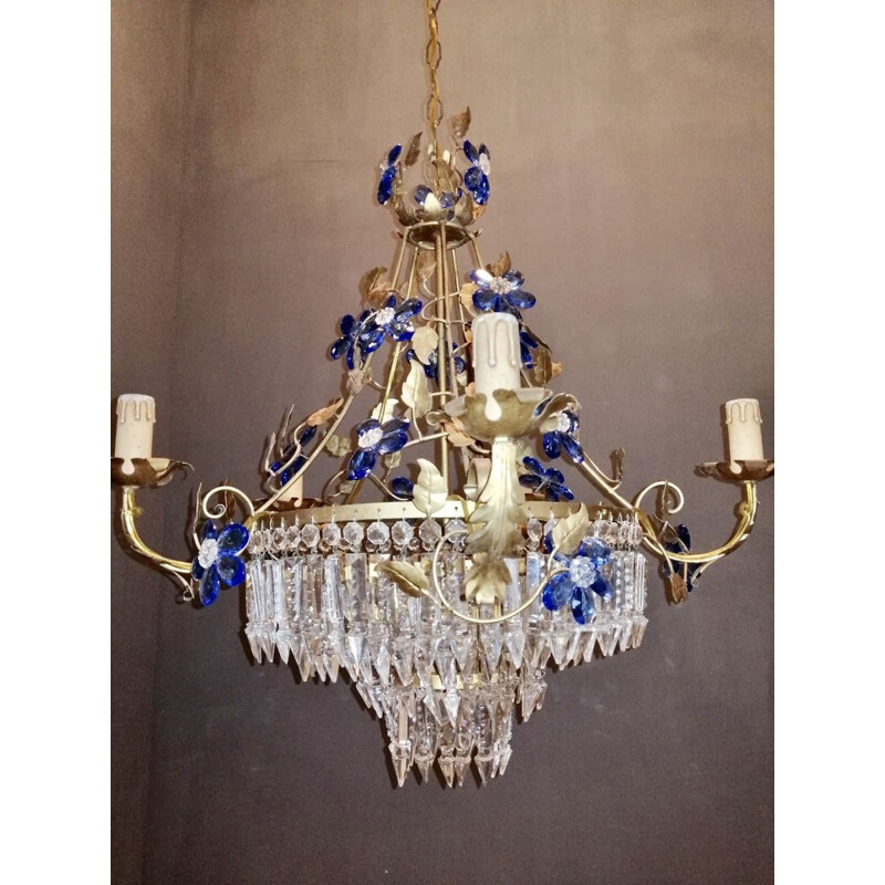 Mid century crystal chandelier with Murano glass flowers, 1950