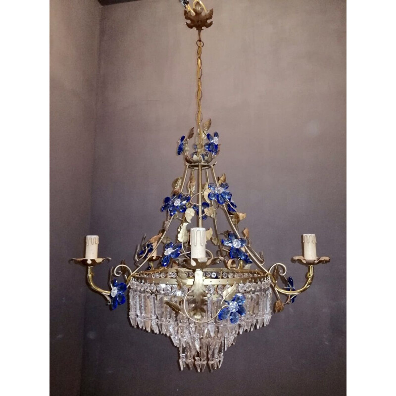 Mid century crystal chandelier with Murano glass flowers, 1950