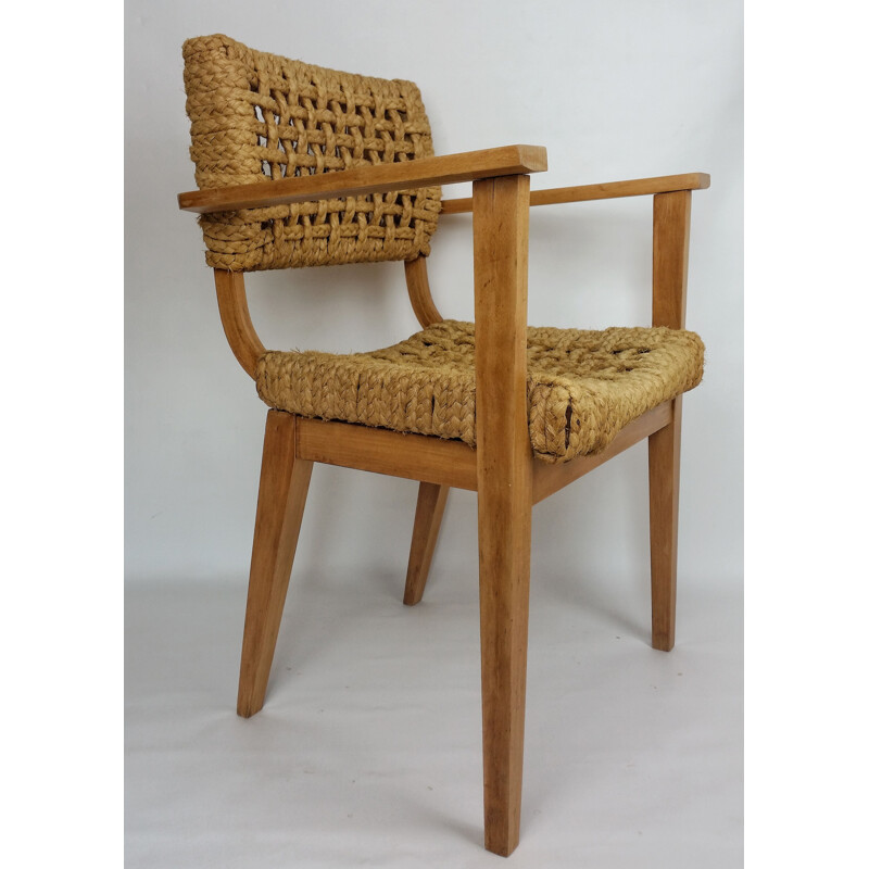 Fauteuil vintage en bois et corde d'Audoux Minet, 1950