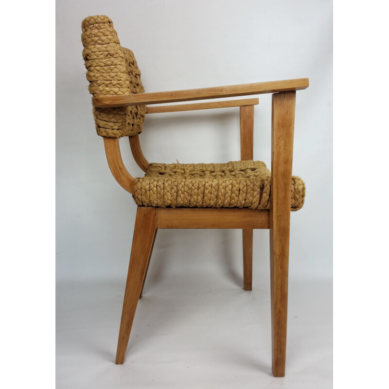 Vintage armchair in wood and rope by Audoux Minet, 1950