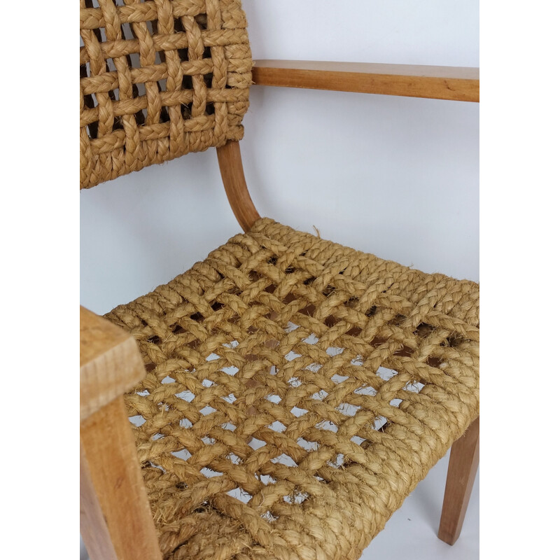 Fauteuil vintage en bois et corde d'Audoux Minet, 1950