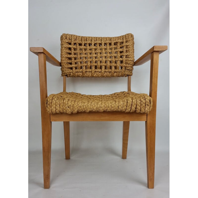 Vintage beechwood and rope armchair by Audoux Minet, 1950