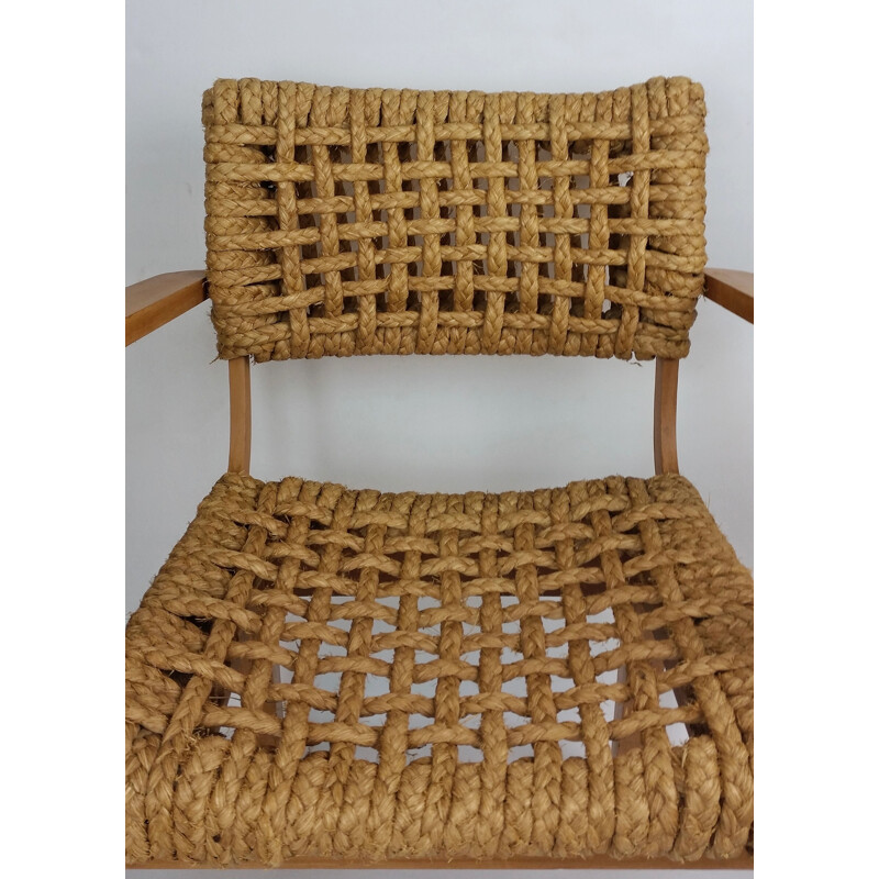 Vintage beechwood and rope armchair by Audoux Minet, 1950