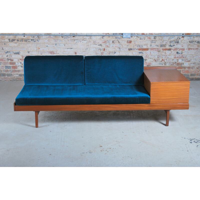 Vintage teak sofa with teal velvet cushions, British 1960