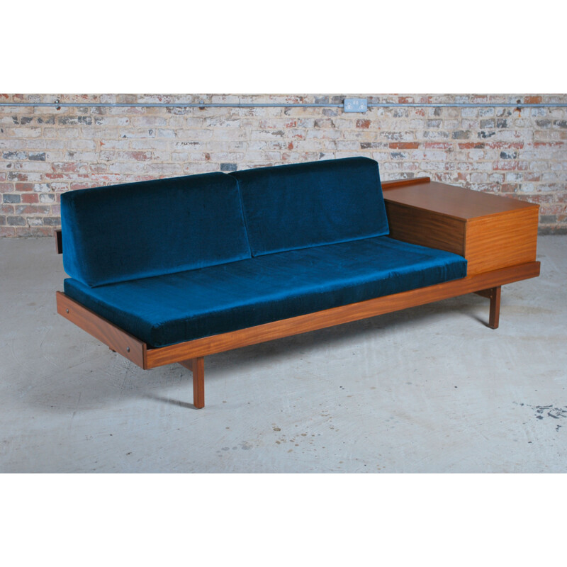 Vintage teak sofa with teal velvet cushions, British 1960