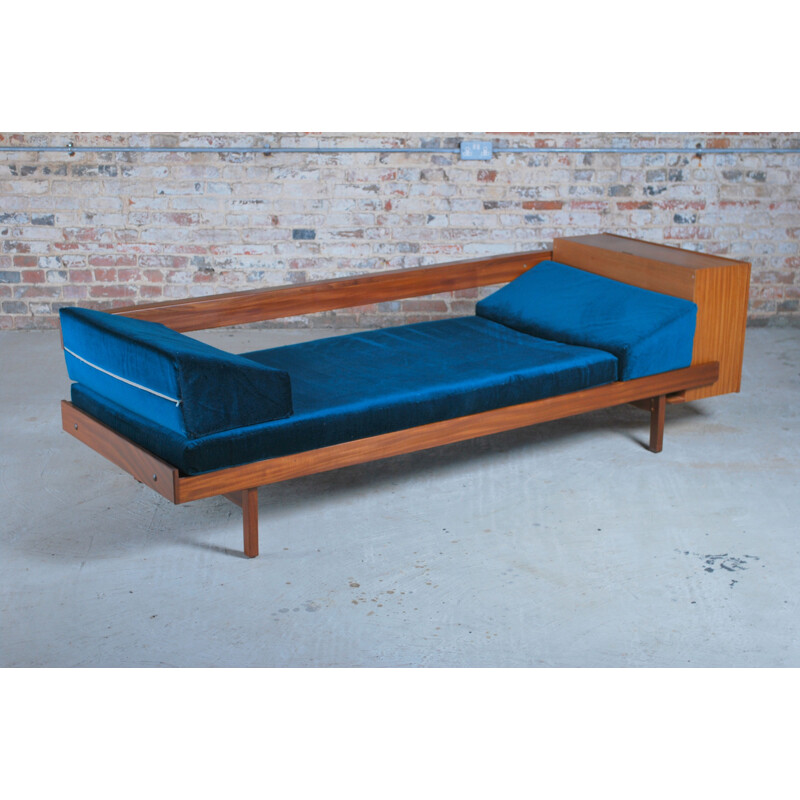 Vintage teak sofa with teal velvet cushions, British 1960