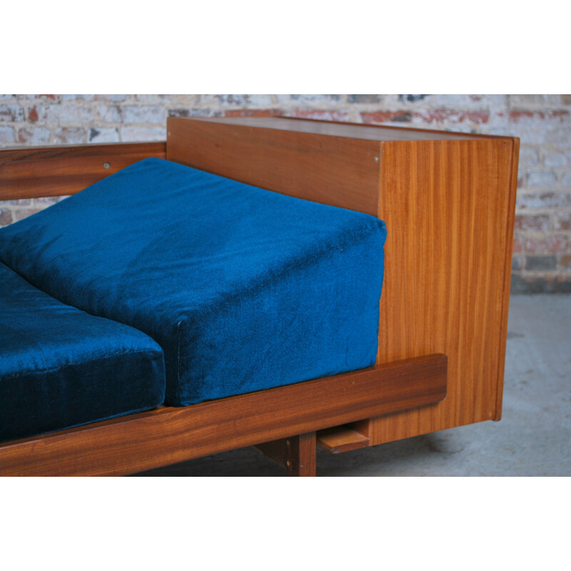 Vintage teak sofa with teal velvet cushions, British 1960