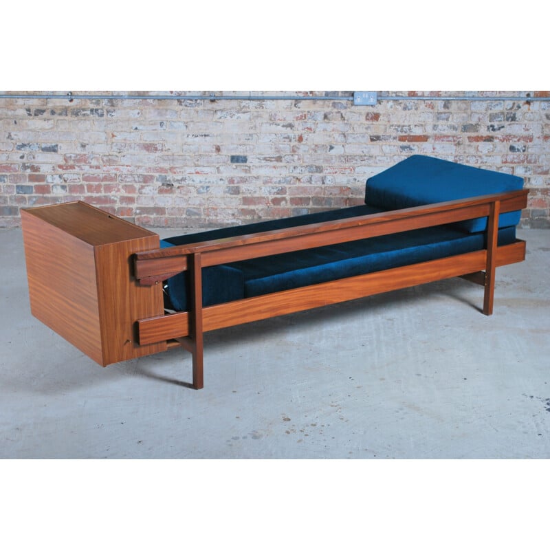 Vintage teak sofa with teal velvet cushions, British 1960