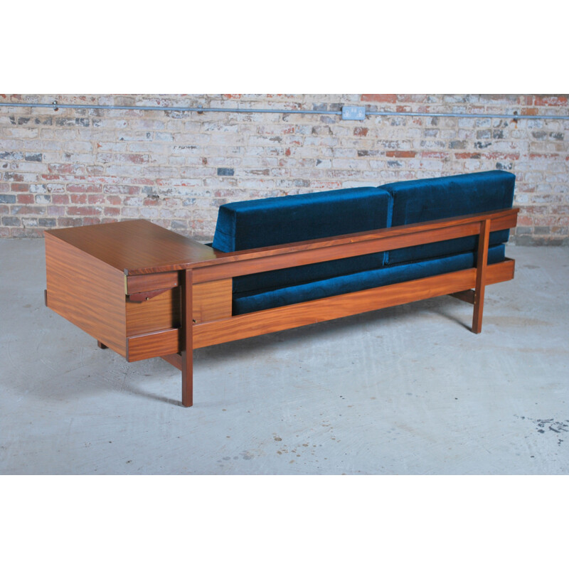 Vintage teak sofa with teal velvet cushions, British 1960