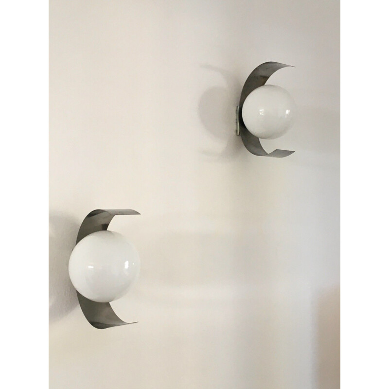Pair of vintage stainless steel and white opal wall lamps, 1970