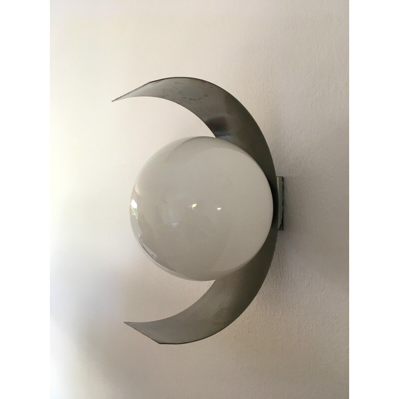 Pair of vintage stainless steel and white opal wall lamps, 1970