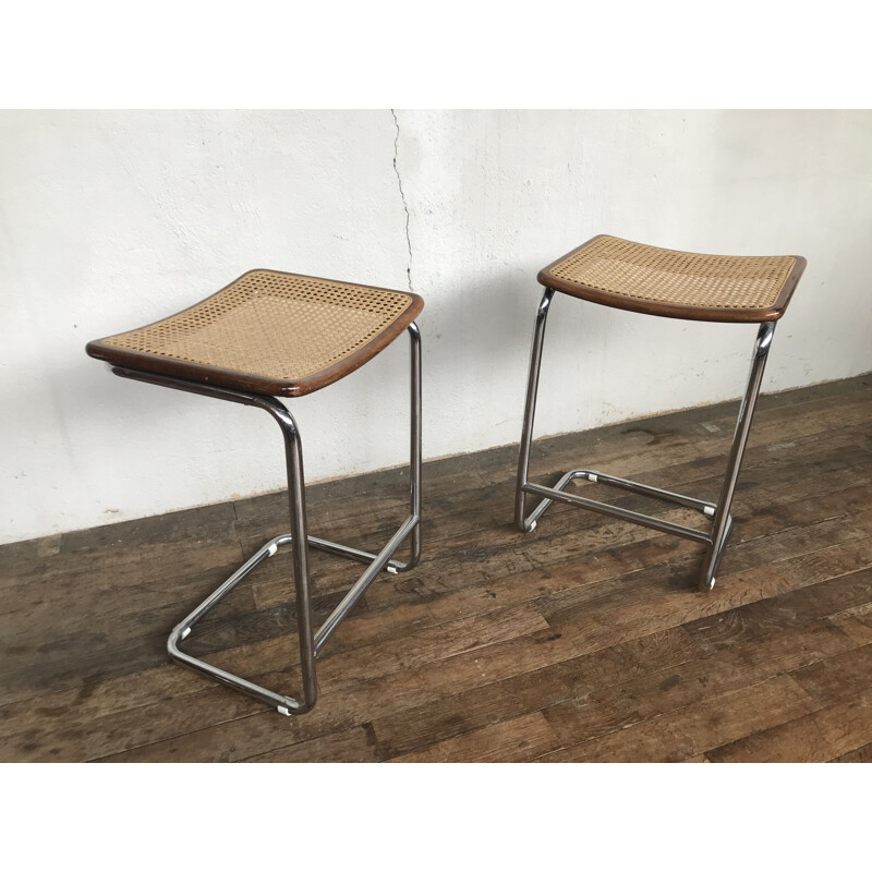 Pair of vintage cane stools by Marcel Breuer, Italy 1970