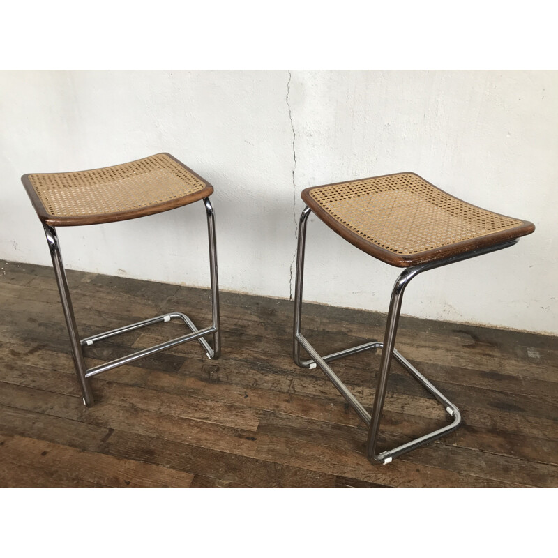 Pair of vintage cane stools by Marcel Breuer, Italy 1970