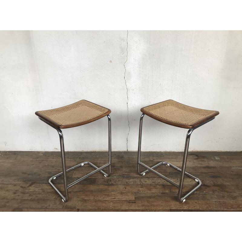 Pair of vintage cane stools by Marcel Breuer, Italy 1970