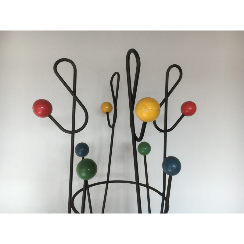 Multicolored "Clé de Sol" coat rack in steel and wood, Roger FERAUD - 1950s