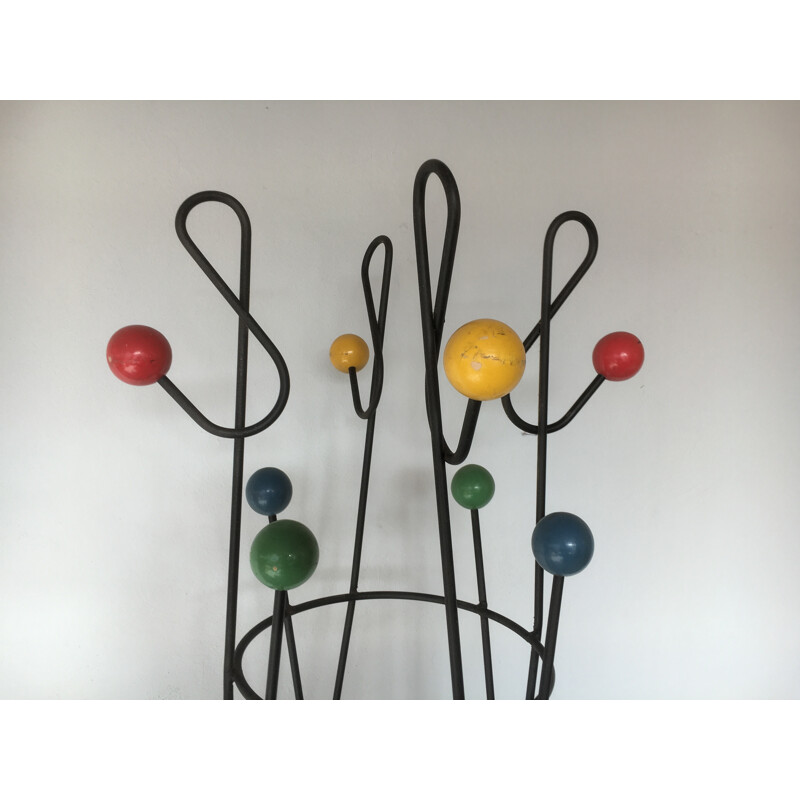 Porte manteau "Clé de Sol" en acier et bois multicolore, Roger FERAUD - 1950