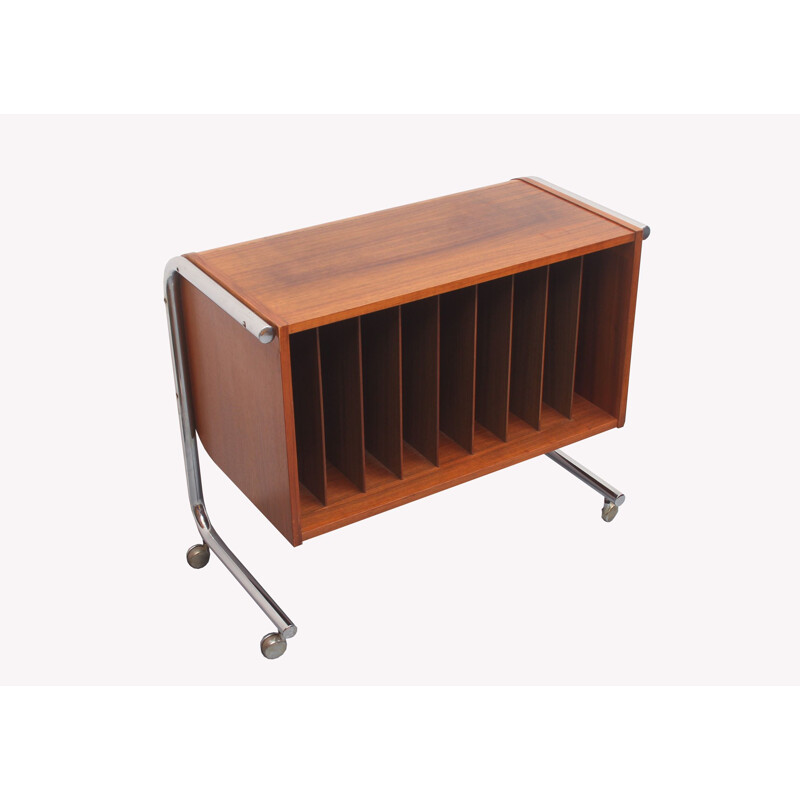 Vintage rosewood and chrome record trolley, 1970