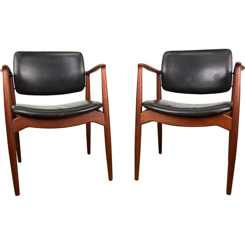 Pair of vintage teak and leather armchairs model "Captain" by Erik Buch for Orum Mobelfabrik, Danish 1960