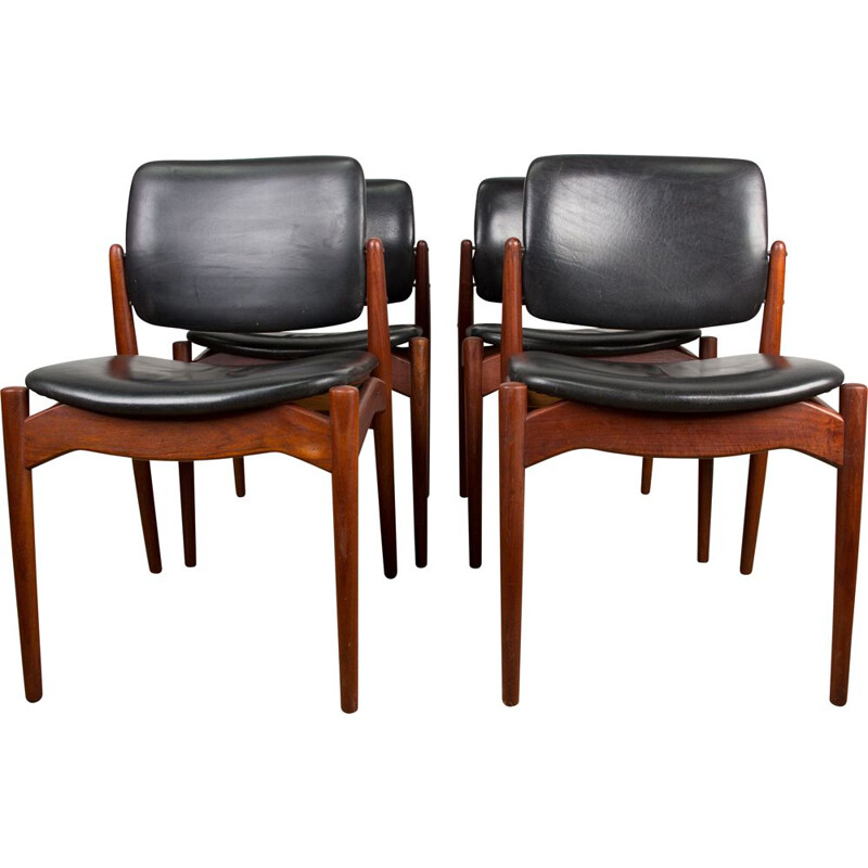 Set of 4 vintage teak and leather armchairs model "Captain" by Erik Buch for Orum Mobelfabrik, Denmark 1960