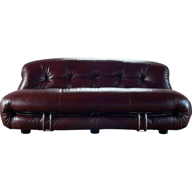 Vintage Soriana leather and metal sofa by Afra & Tobia Scarpa, Italy 1969