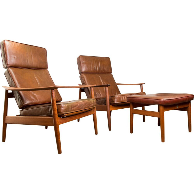 Pair of vintage lounge chairs and a ottoman model FD 164 by Arne Vodder for France & Son, Denmark 1960s