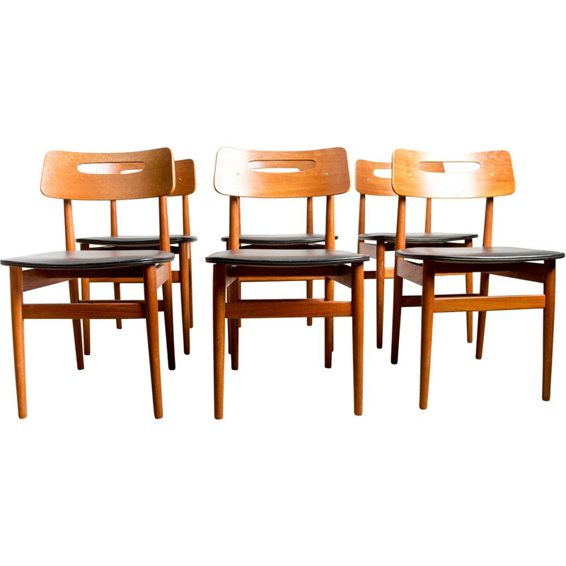 Set of 6 vintage Danish teak and black skai chairs, Denmark 1960s