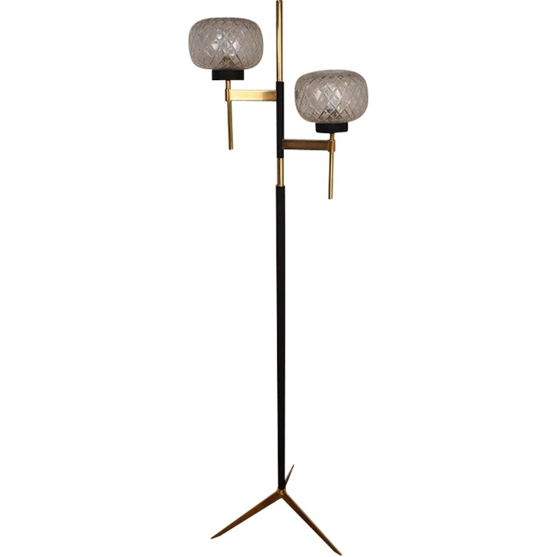 Vintage metal and brass floor lamp with double light, 1960s