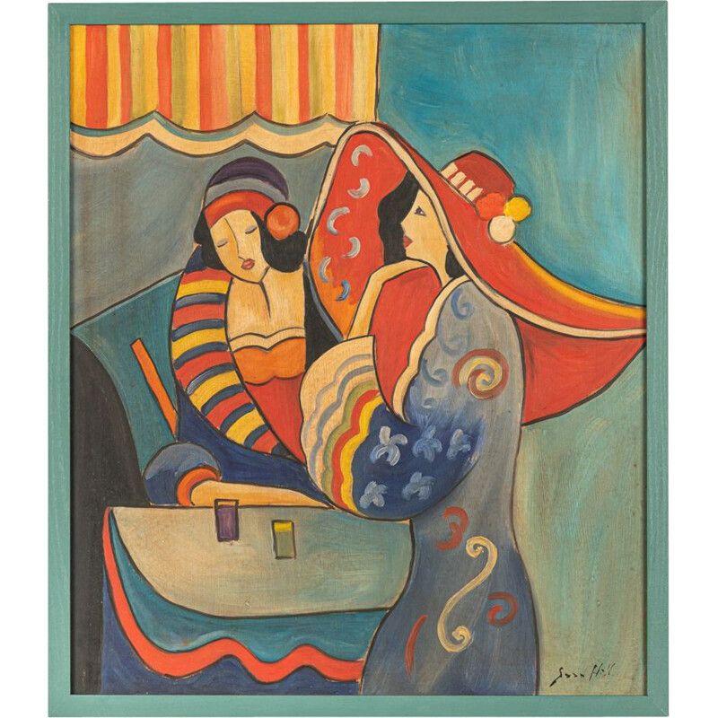 Vintage expressionistische Malerei aus Eschenholz von Sara Hill, 1960