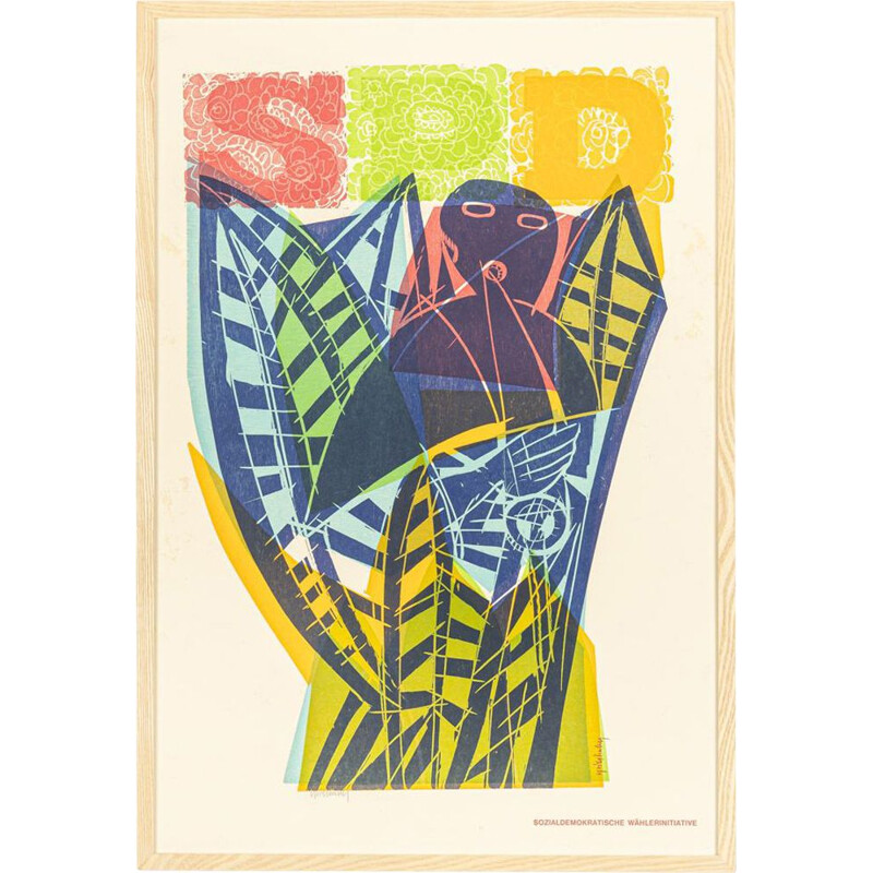 Vintage woodcut "SPD-Pan" in ash wood by HAP Grieshaben, Germany 1972