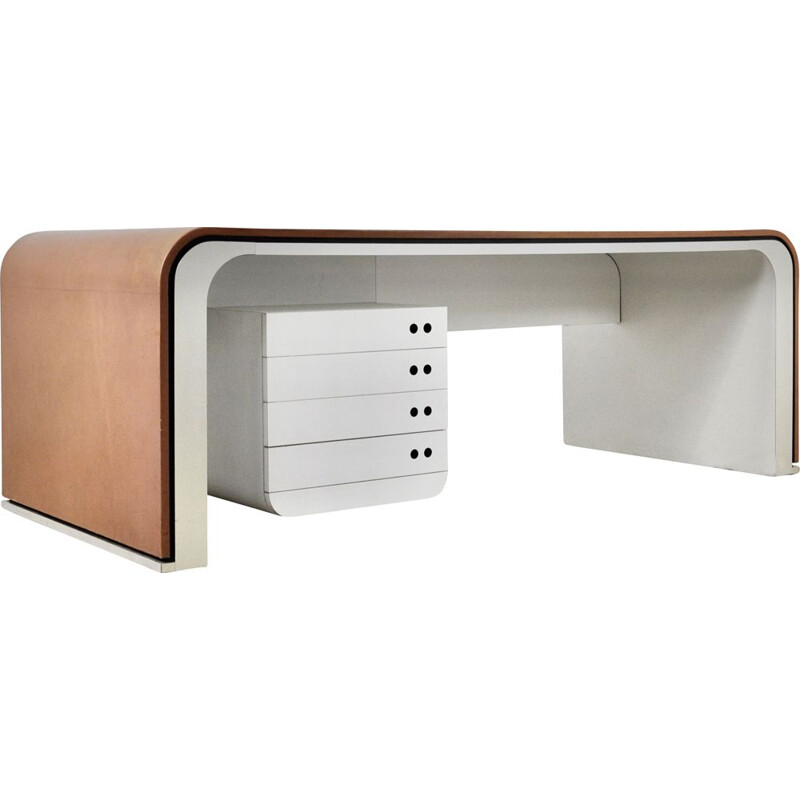 Vintage desk in leather, aluminium and bakelite by Michel Boyer, 1970s