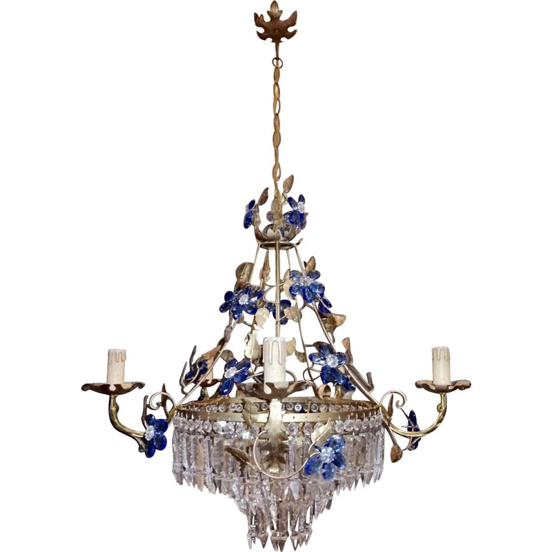 Mid century crystal chandelier with Murano glass flowers, 1950
