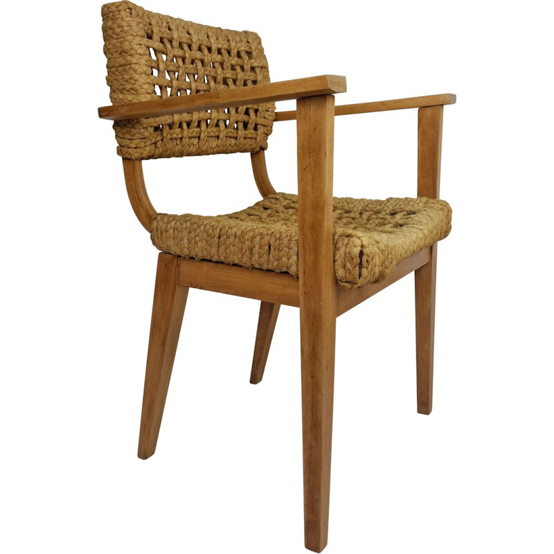 Fauteuil vintage en bois et corde d'Audoux Minet, 1950