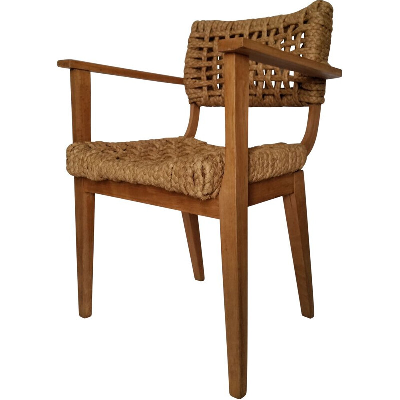 Vintage beechwood and rope armchair by Audoux Minet, 1950