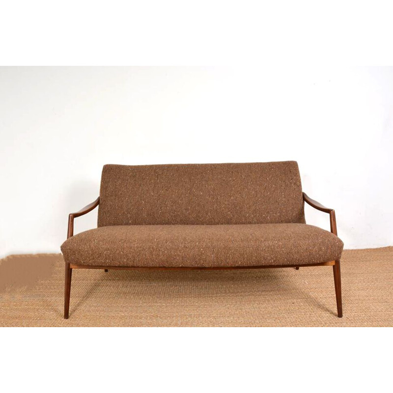 Scandinavian vintage 2 seater brown wool and teak sofa, 1950s