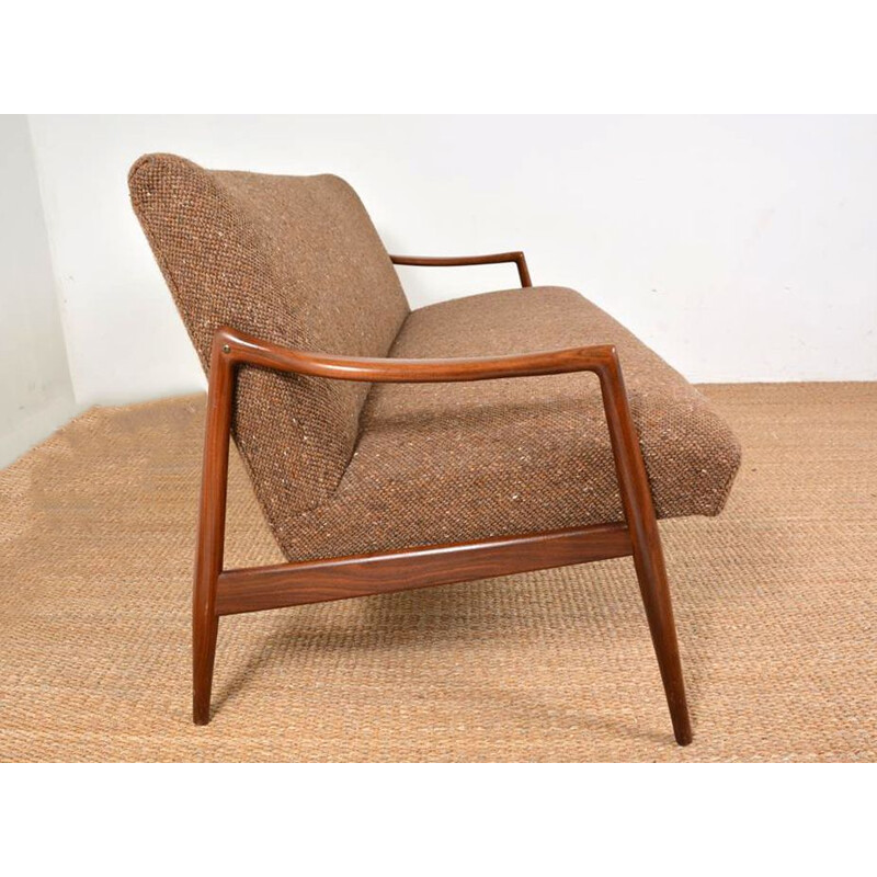 Canapé scandinave vintage 2 places en laine marron et teck, 1950